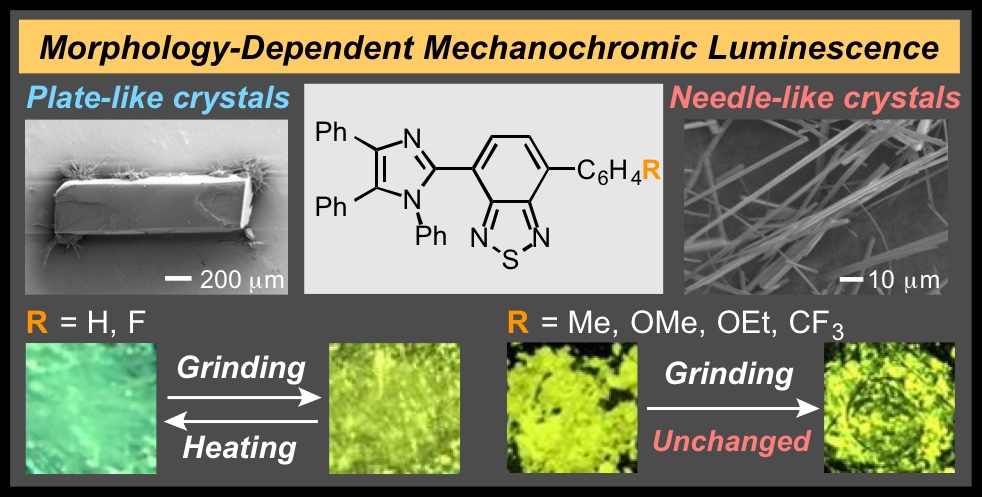 TOC graphic for Relationship between Crystal Structure, Crystal Morphology, and Mechanochromic Luminescence of Triphenylimidazolylbenzothiadiazole Derivatives